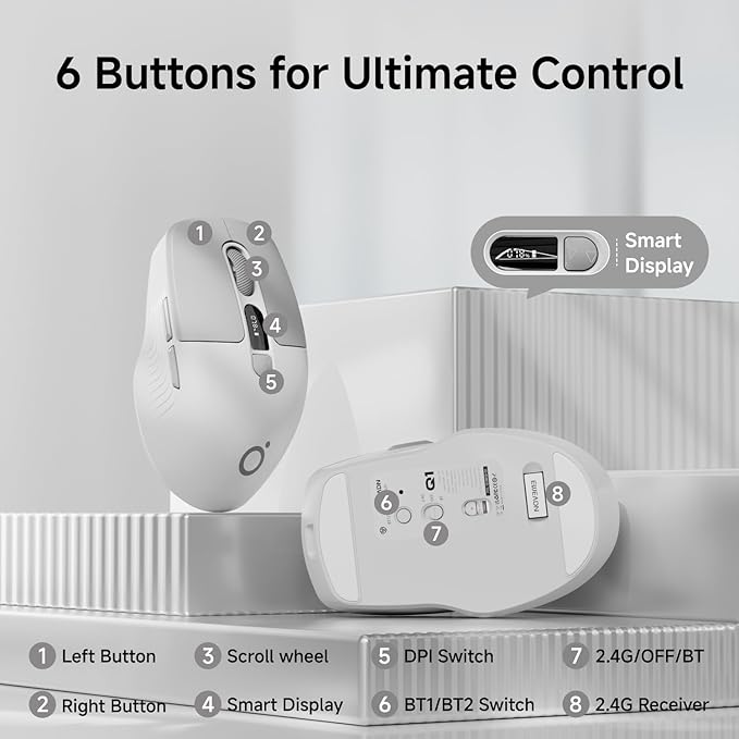 EWEADN Q1 Wireless Mouse, Bluetooth & 2.4G Silent Mouse Quiet Click with 3 DPI Levels, Battery & DPI Smart Display, 6 Button Small Portable Cordless Mice for Laptop/PC/Mac-Grey