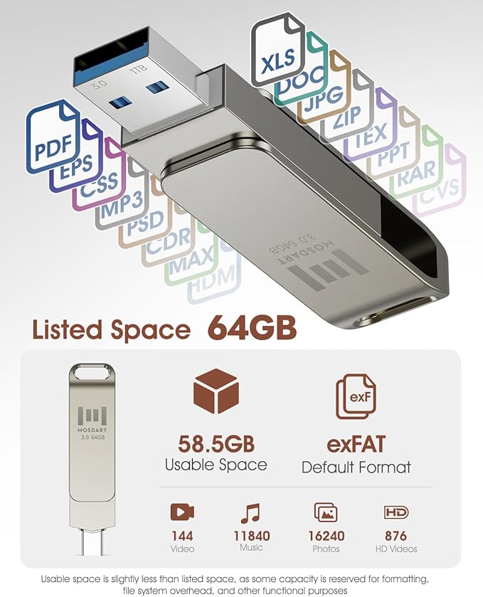 MOSDART 64GB USB3.1 Fast Speed C and A Dual Flash Drive, exFAT Memory Stick with Keychain Loop, for iPhone 15 and 16, Android Phone, iPad, MacBook, Silver