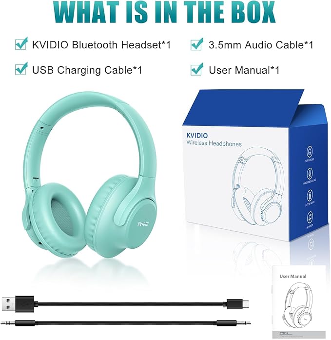 KVIDIO Bluetooth Headphones Over Ear, 65 Hours Playtime Wireless Headphones with Microphone, Foldable Lightweight Headset with Deep Bass, HiFi Stereo Sound Low Latency for Travel Work Cellphone