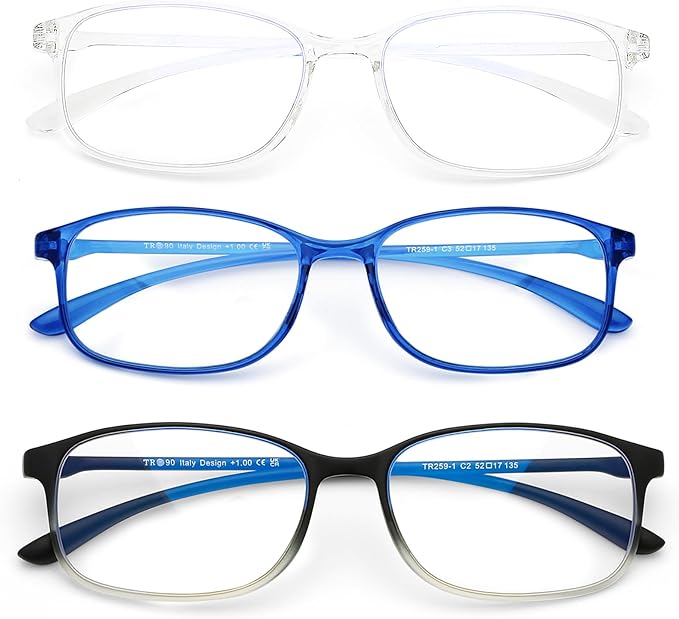 AQWANO 3 Pack Computer Reading Glasses Men Women Blue Light Blocking, Lightweight TR90 Flexible Frame Readers Glasses Anti Glare, No Rubber Frames 1.5