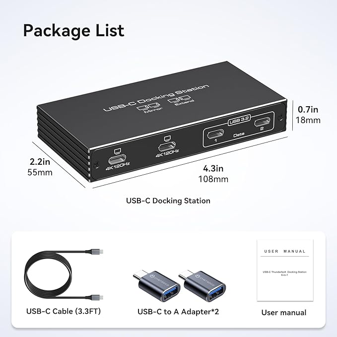 4K120Hz USB C Splitter Dual Monitor Adapter Thunderbolt Splitter 6-in-1 USB C Hub with DP Alt Mode Video Output, 10Gbps Data Transfer 100W PD Charging for Laptop Portable Monitor, with 1 Type C Cable