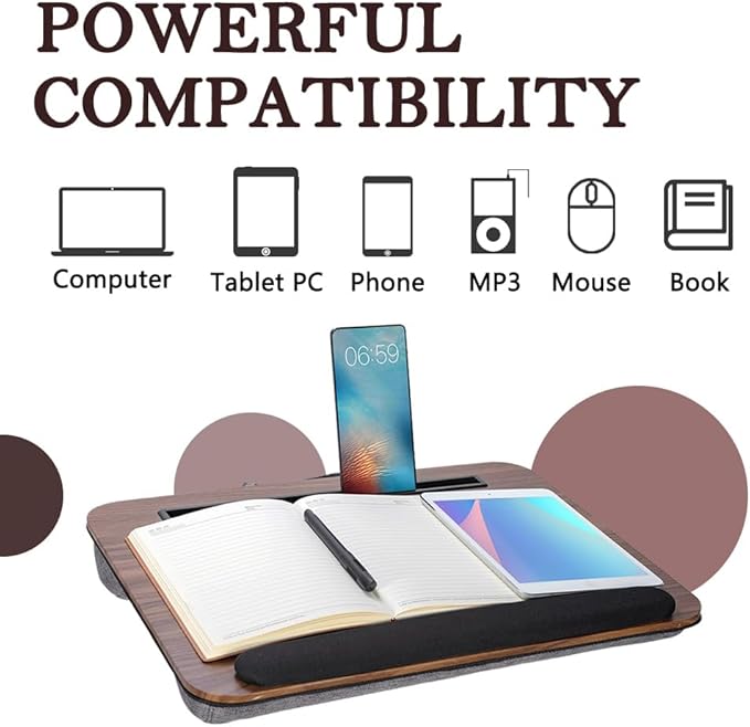 Portable Laptop Desk Fits Up to 16“ Laptops, with Tablet Slot, Built-in Cushion, Great for Home & Office,Lap Desk with Cushion (Brown with Wrist Rest, Medium)