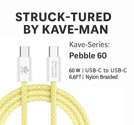Pebble 60W USB-C to USB-C Cable – 6.6ft Yellow | Fast Charging, Durable Nylon Braided, Universal USB-C Compatibility (ABS Shell)
