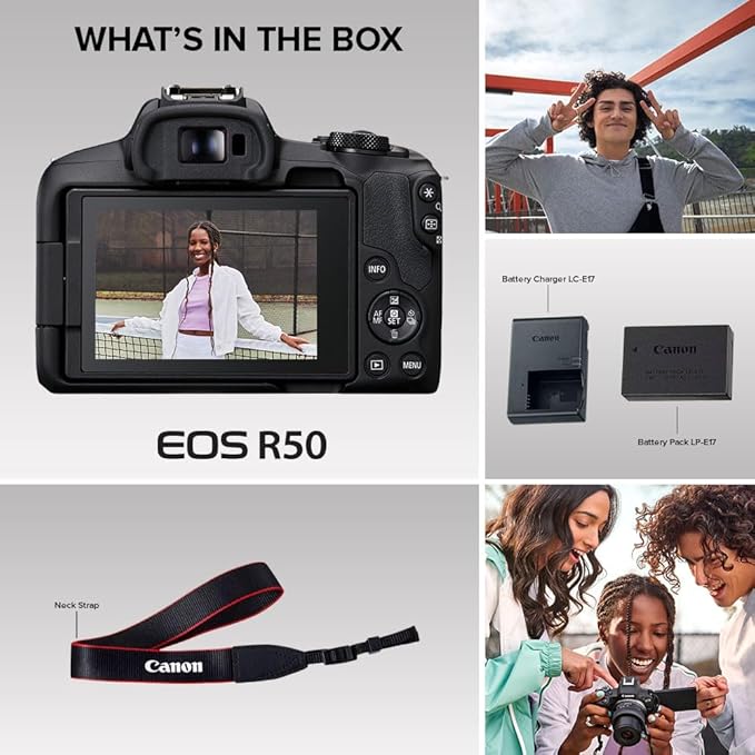 Canon EOS R50 Mirrorless Vlogging Camera (Body Only/Black), RF Mount, 24.2 MP, 4K Video, DIGIC X Image Processor, Subject Detection & Tracking, Compact, Smartphone Connection, Content Creator