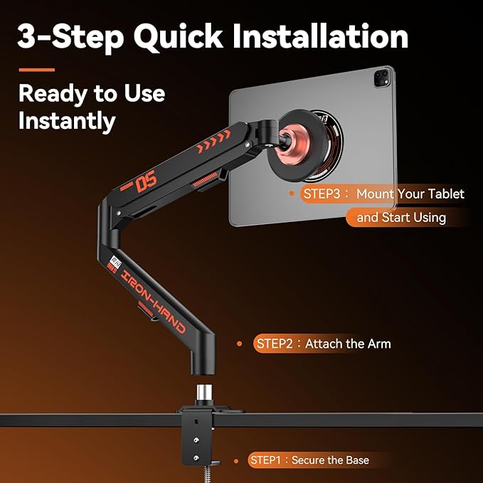 Magnetic Tablet Stand, Adjustable Desk Mount for iPad & All Tablets, 360° Rotating Foldable Arm with Gas Spring, Heavy Duty Aluminum, for Home Office, Kitchen, Bedside, Studio, White