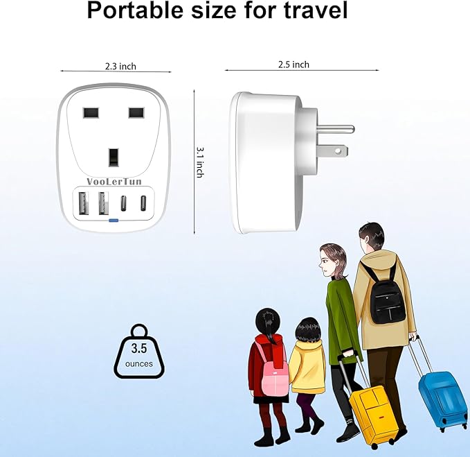 England to US Plug Adapter 2 Packs, UK Type G to US Travel Plug Adapter with 1 lreland AC Outlets, 4 USB Charger Ports (2 USB C), for Dubai, England, Scotland, Hong Kong, Singapore
