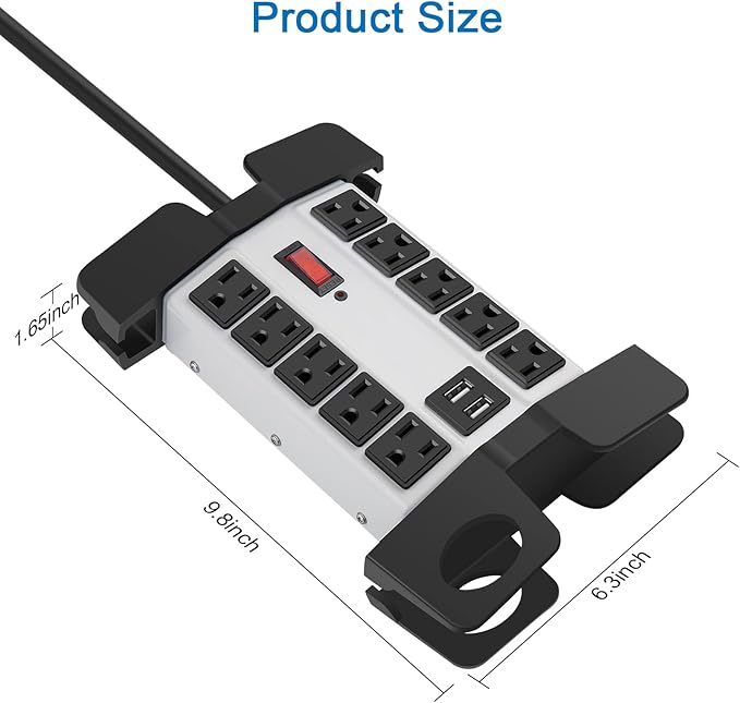 CCCEI Heavy Duty Power Strip with USB Ports, Garage 10 Outlets Surge Protector 2700 Joules, Industrial Workshop Metal 15Amp Multiple Outlets, 6 FT Extension Cord and Wide Spaced Grey.