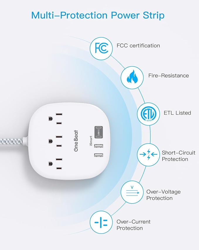 Cruise Essentials 2025,One Beat Travel Power Strip with 3 Outlets 4 USB Ports 3.1A,3ft Flat Plug Extension Cords Desktop Charging Station for Travel Home Office,Cruise Ship Essentials,ETL Listed