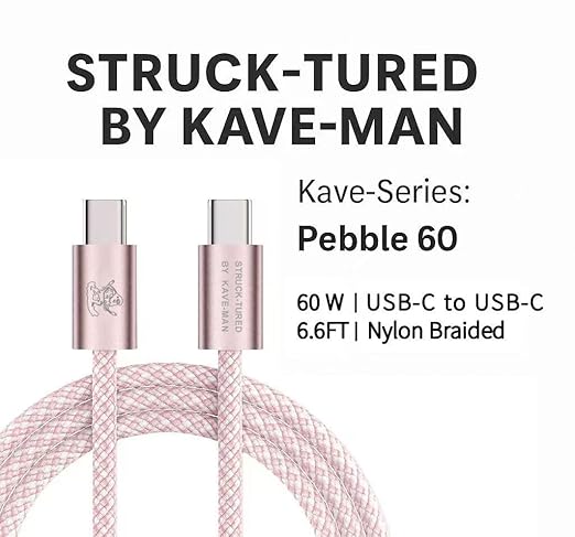 Pebble 60W USB-C to USB-C Cable – 6.6ft Pink | Fast Charging, Durable Nylon Braided, Universal USB-C Compatibility (Metal Shell)