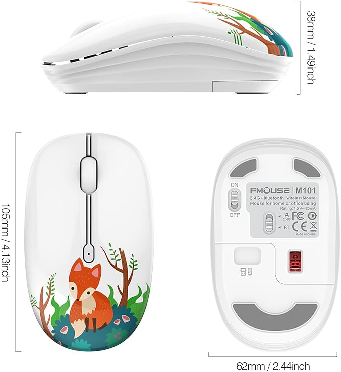 Cute Wireless Mouse, Dual Mode, Bluetooth & 2.4GHz USB Receiver, Silent Clicks, AA-Battery Powered, Handy & Durable, Lovely Little Fox Pattern for Kids and Students on Laptops, Mac, iPad, PC