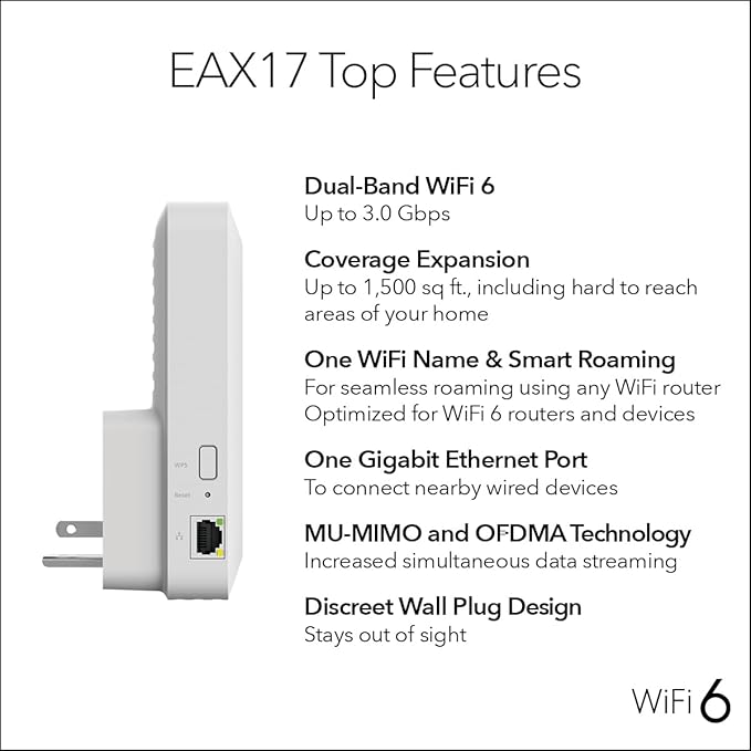 NETGEAR WiFi 6 Range Extender (EAX17) - AX3000 Dual-Band Wireless Signal Booster & Repeater (up to 3.0 Gbps Speed) - Add up to 1,500 sq. ft., 20 Devices - WPA3 Security, Smart Roaming