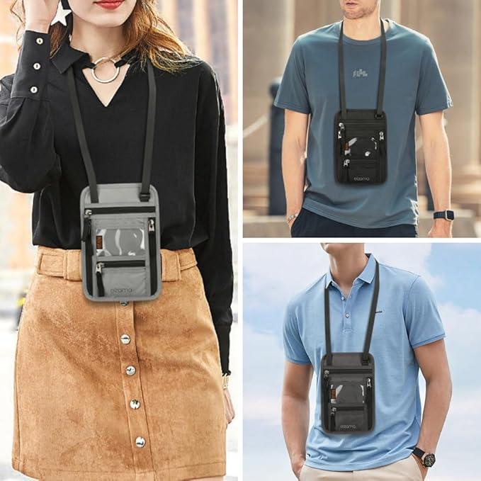 elzama Travel Neck Wallet, Neck Passport Holder, RFID Blocking Passport Wallet Super Slim & Lightweight Travel Pouch Holder for Men & Women (Light Grey)