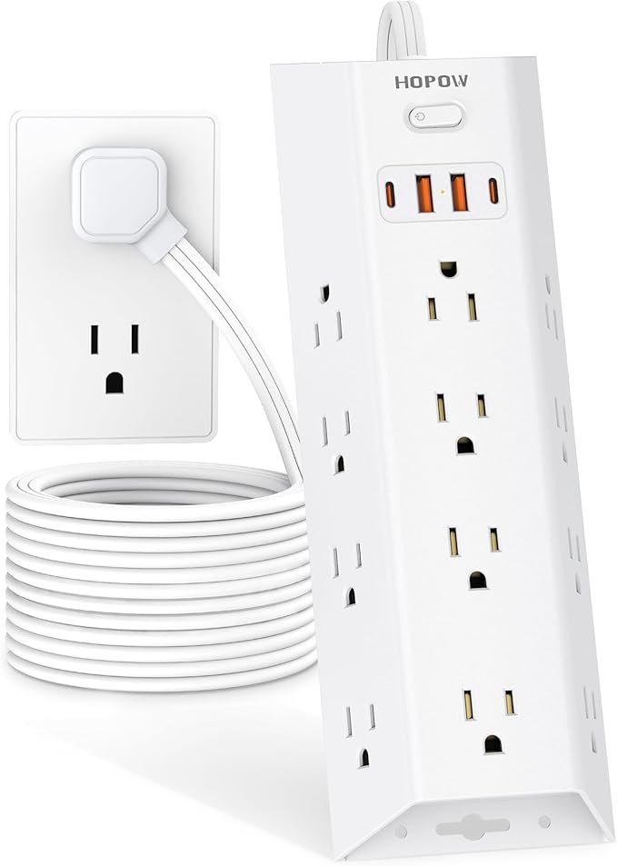 Surge Protector Power Strip, 5FT Extension Cord with 12 AC Outlets & 4 USB Ports (2 USB C), Wall Mount, Flat Plug Charging Station, 1700 Joules Surge Protector for Home Office, White