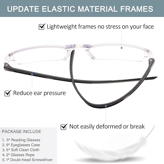 AQWANO Rimless Computer Reading Glasses Blue Light Blocking, 5 Pack Fashion Clear Frame Readers for Women Men Lightweight & Comfortable Anti Glare, 1.25