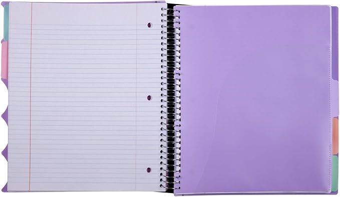 Mintra Office Durable PREMIUM Spiral Notebook, ((Lavender, 5 Subject (8.5in x 11in)) - Fabric Covered Coils, No Snags, College Ruled, Adjustable PocketDividers, Ruler, Organization, Student, School