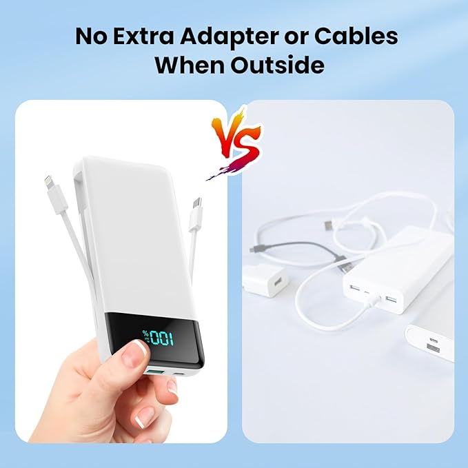 Portable Charger for iPhone with Built in Cables and Wall Plug,Upgraded 13800mAh Fast Charging USB C Power Bank,4 Outputs Travel Essential Battery Pack Compatible with iPhone 15/14/13,Samsung-White