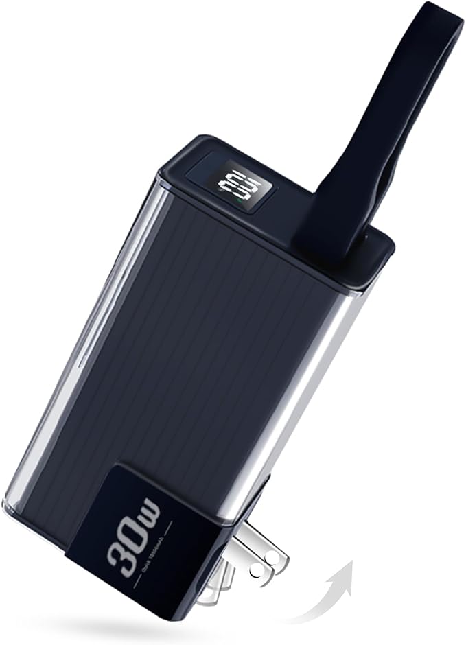 Miady Portable Charger Built-in Foldable Wall Plug, PD 30W 10000mAh Compact Power Bank has USB-C Cable & LED Display, Travel Essential Battery Pack Compatible with iPhone Galaxy Smartphones (Black)