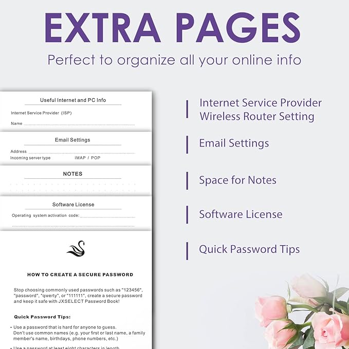 Elegant Password Book with Alphabetical Tabs - Hardcover Password Book for Internet Website Address Login - 7" x 10" Password Keeper and Organizer w/Notes Section & Back Pocket (Violet Purple)