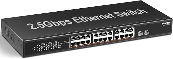 26 Port 2.5G Umanaged Ethernet Switch, 24 x 2.5Gb Base-T Ports, 2 x 10G SFP+, Compatible with 100/1000/2500Mbps, Metal Fanless, Desktop/Rack Mount YuanLey 2.5Gbe Network Switch for Wireless AP, PC