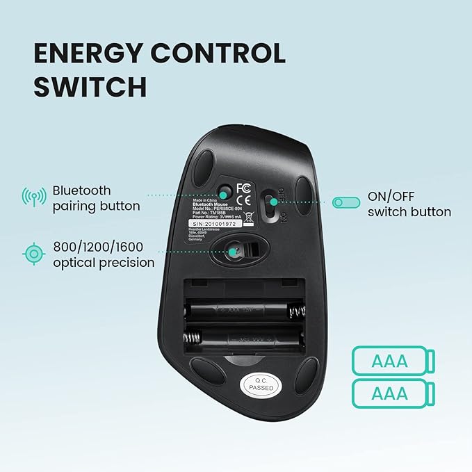 Perixx PERIMICE-804 Bluetooth Vertical Mouse, Bluetooth Connection for Windows and Android System, Works Without USB Receiver, Black