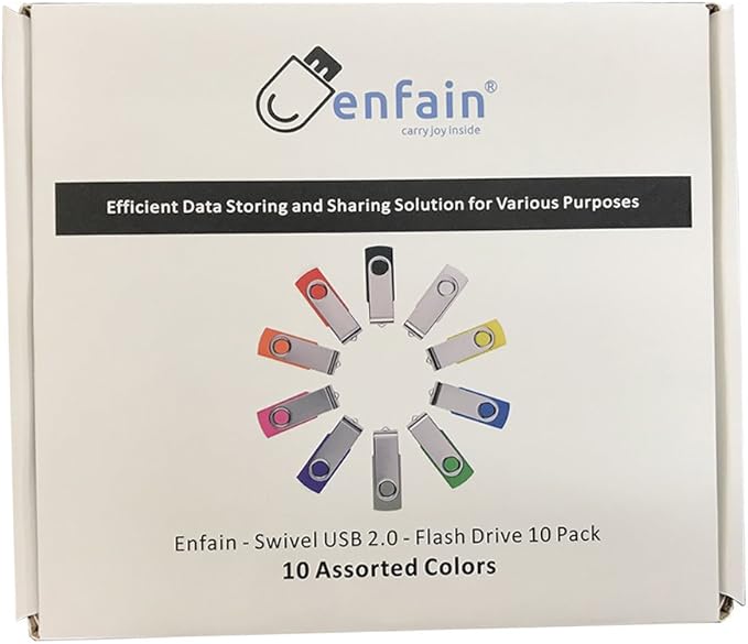 Enfain 10-Pack 8GB USB 2.0 Flash Drives – Colorful Thumb Drives for Photos, Videos, School & Office, 10 Assorted Colors