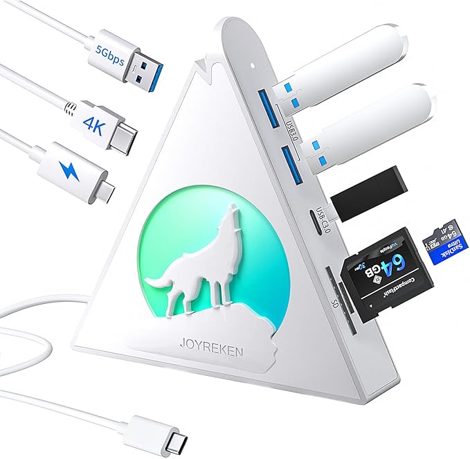 White USB C Hub, 8-in-1 Type C Hub with 4K HDMI, 100W Power Delivery, 5Gbps USB-C, 3xUSB-A 3.0, SD/TF Card Reader, RGB Lighting, White Dock for MacBook Air/Pro, iPad, iPhone17, Surface, XPS, etc.