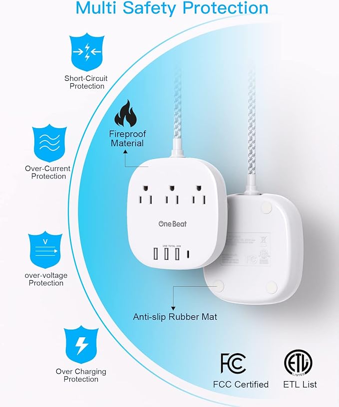 PD 20W USB C 3 Outlet 4 USB Ports Flat Plug Power Strip No Surge Protector for Cruise Ship Travel, 5 ft Long Extension Cords, Power Delivery, Desktop Power Strip for Dorm Home Office