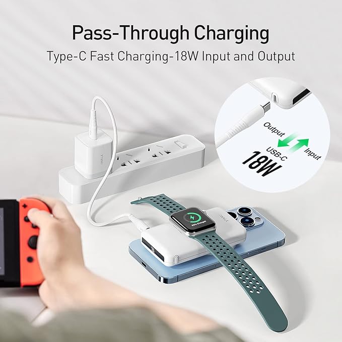 iWALK Magnetic Wireless Power Bank with iWatch Charger,10000mAh PD Fast Charging Portable Charger Compact Battery Pack Compatible with iPhone 17/16/15/14/13/12 Series,Apple Watch Ultra/8/7/6/5/4