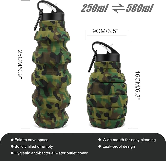 QiCheng&LYS Collapsible Water Bottle Sports Bottle 19.5OZ/580ml Travel Water Bottle for Men Women Kids. BPA Free Food Grade Silicone. (Army green camouflage)