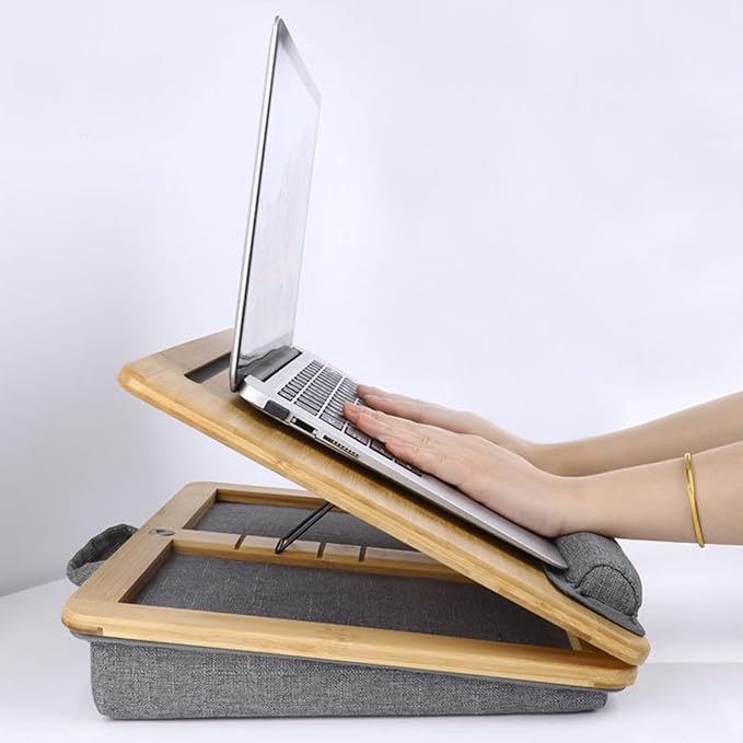 Adjustable Lap Desk for Laptop with Cushion, Bamboo Laptop Stand with Anti-Slip Strip Tablet Phone Holder, Fits up to 15.6 inch or 14 inch with Mouse Space
