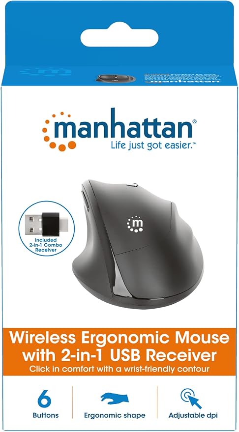 MANHATTAN Wireless Ergonomic Mouse – 2.4 GHz RF, 800/1200/1600 dpi, Six Buttons with Scroll Wheel, USB-A & USB-C 2-in-1 Receiver Dongle – for Laptop, Computer, PC - 3 Yr Mfg Warranty – 190237