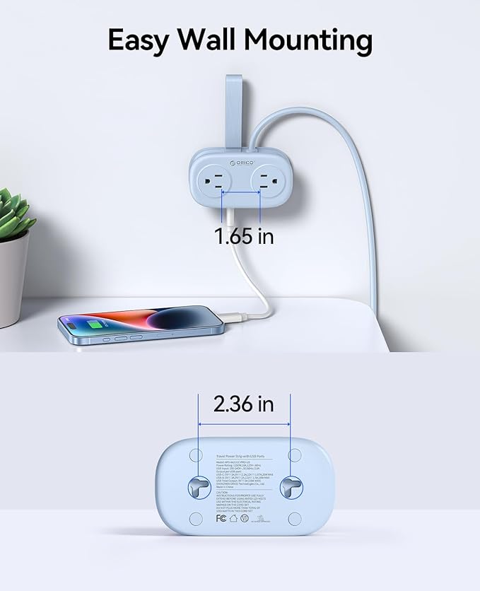 ORICO Blue Travel Power Strip PD20W with 4 AC Outlets 3 USB Ports (1 USB-C), 4FT Flat Plug Extension Cord, Compact Portable Design for Business Travel, Cruise Ship Essentials-AP3