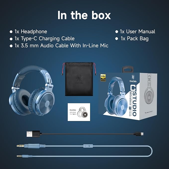 OneOdio Bluetooth Over Ear Headphones, 110 Hrs Wireless/Wired Stereo Sound Foldable Headsets with Deep Bass 50mm Neodymium Drivers for PC/Phone/Tablet - Studio Wireless Pro C, Sky Blue