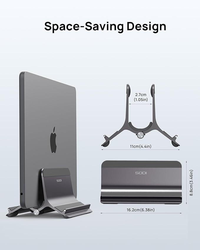 SODI Vertical Laptop Stand for Desk, Aluminum Laptop Holder Compatible with MacBook Pro, MacBook Air Stand Up to 17 inch, Gravity Auto-Lock Cooling, 3in1 Space Saving Desk Organizer Accessories, Gray