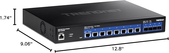 TRENDnet 12-Port 10G Web Smart Switch, TEG-7124WS, 8 x 10G RJ-45 Ports, 4 x SFP+ Slots, Ethernet Splitter, NDAA & TAA Compliant, Rack Mountable Housing, Lifetime Protection, Black
