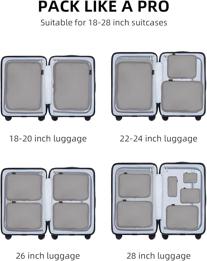 6 Set Compression Packing Cubes, Suitcase Storage Bags for Clothes and Travel Essentials (Silver Gray)