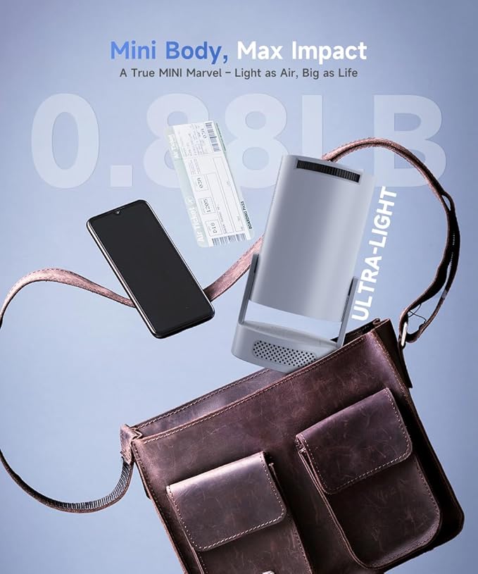 Mini Projector with WiFi 6 and Bluetooth 5.4, Portable Projector 4K support, 5w Soundbase Speaker, Auto Vertical Keystone 180°Rotatable Smart Proyector for Movie Home Outdoor HY300Pro+ (Grey)