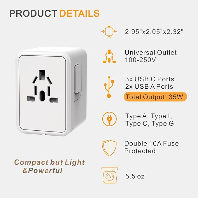 Universal Travel Adapter Worldwide- 35W GaN III/PD Fast Charge European Travel Plug Adapter with 3 USB-C& 2 USB-A Ports, International Power Adapter for US to Europe UK AUS Japan(Type C/G/A/I) (white)