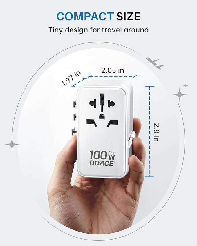 DOACE Universal Travel Adapter, 100W GaN 3.0 International Power Adapter with Built-in USB-C Cable, 6 in 1 Travel Adapter with 5 USB Ports, Plug Adapter Worldwide for EU/UK/USA/AUS(White)