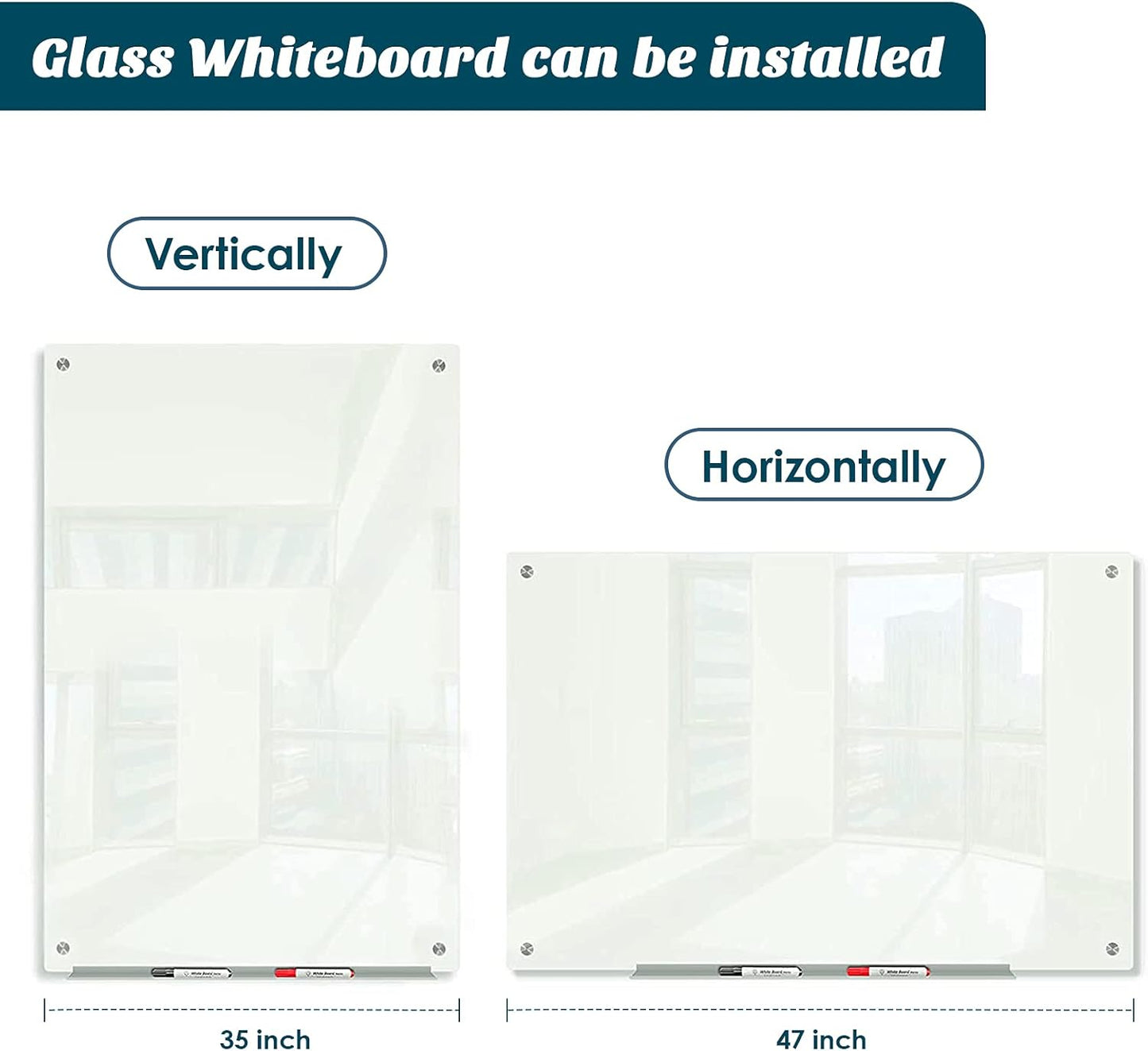 J&J worldwide Glass Whiteboard 47"x35", Magnetic White Board Glass Dry Erase Board Large Frameless Glass White Board for Office, Home & School with Marker Tray & Markers