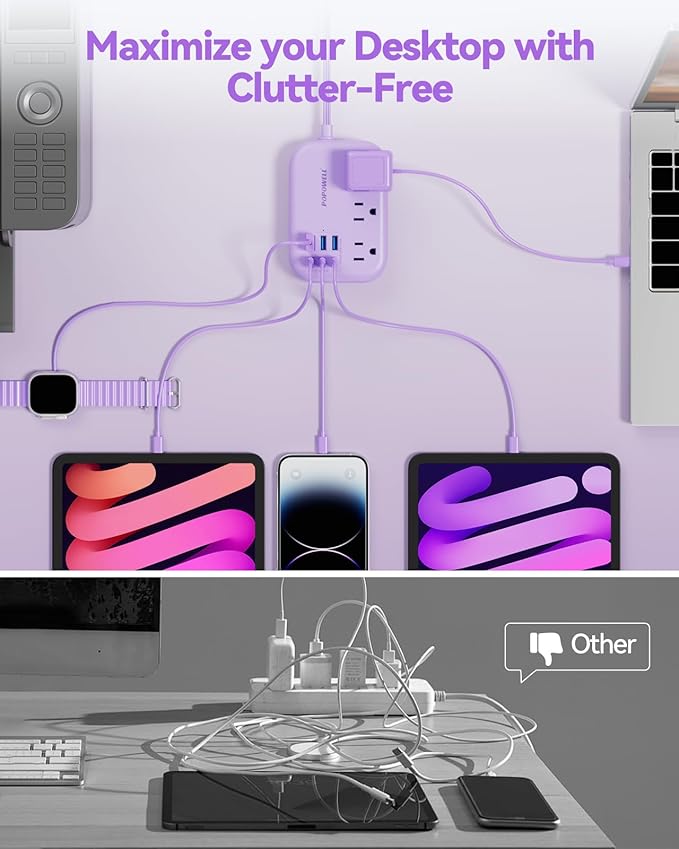 6 USB Power Strip- Purple Power Strip with 3 Outlets and 6 USB(3 USB C) 4.8A Charging Ports for iPhone 15, 5 FT Purple Extension Cord, Slim Flat Plug for Cruise Ship Essential, Office Dorm.