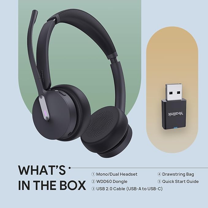 Yealink WH64 Hybrid DECT& Bluetooth Wireless Headset, 492ft Range Mono Teams Headphones with DECT Dongle, 3X Mic, 26H Talk Time, Office Work Portable Single On Ear Headsets for PC,Cellphone,Laptop