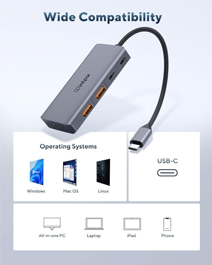 USB C Hub, intpw USB C Splitter 10Gbps with 4 USB 3.2, PD 100W Charging Ports, Aluminum Powered USB Hub for MacBook Pro/Air, iPad, Surface Pro, Dell, HP, Lenovo