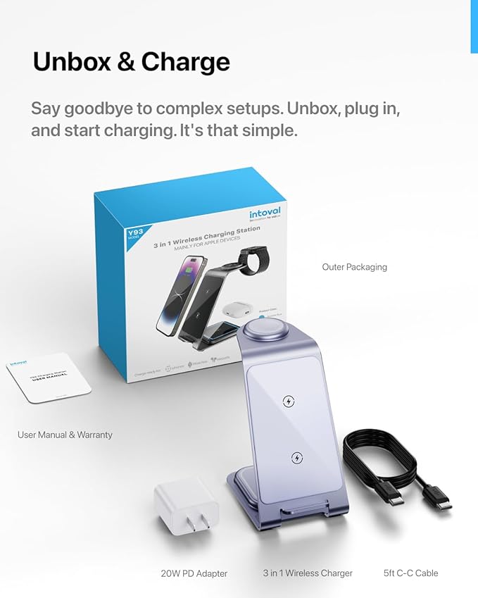 Intoval 3 in 1 Wireless Charging Station for iPhone 17 16 15 14 13 12 11 X Pro Max, Wireless Charger for Apple Watch Ultra 3 SE 9 8 7 6 5 4 3 2, for AirPods 4 Pro Pro 2 3 (Y93, Lavender)