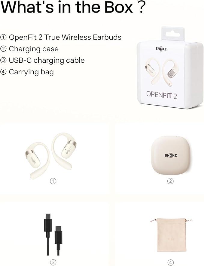 SHOKZ New OpenFit 2 Open-Ear Headphones, True Wireless Bluetooth Earphones with Microphone, Earhook Earbuds with 48 Hours of Playtime, Fast Charging, IP55 Water-Resistant, with Carrying Bag, Beige