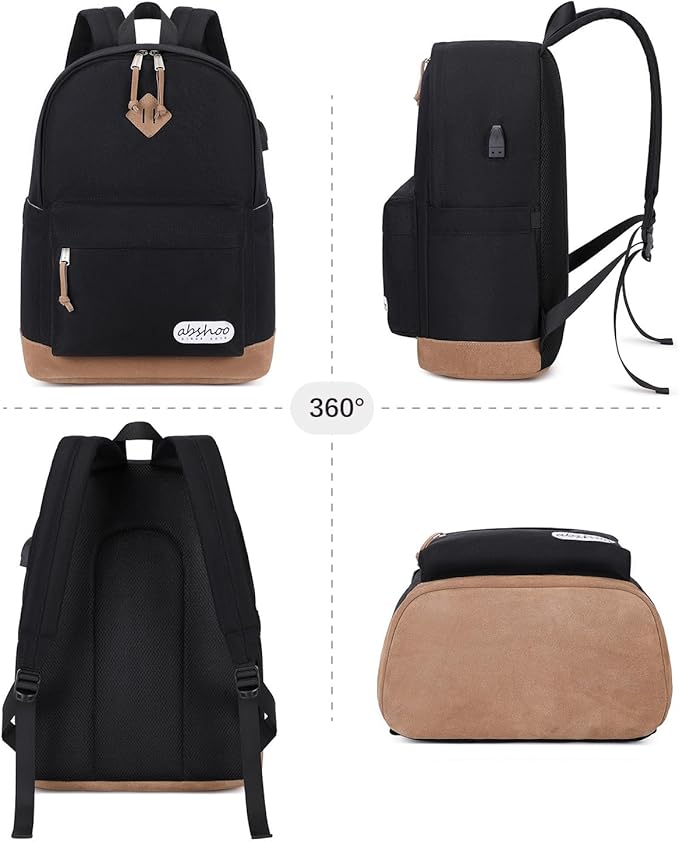 abshoo Classical School Backpack For Middle High School Water Resistant Bookbag College Travel Daypack (Black)