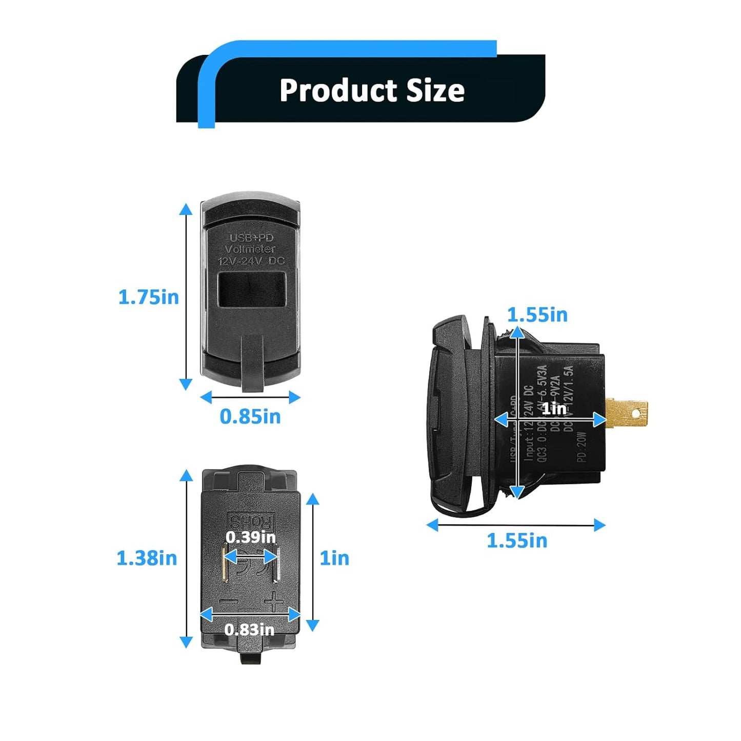Wsays Dual USB Tpye C Rocker Plug & Play Switch Charger/Outlet 12v PD & QC 3.0 with LED Voltmeter Display Compatible with Polaris RZR Ranger General