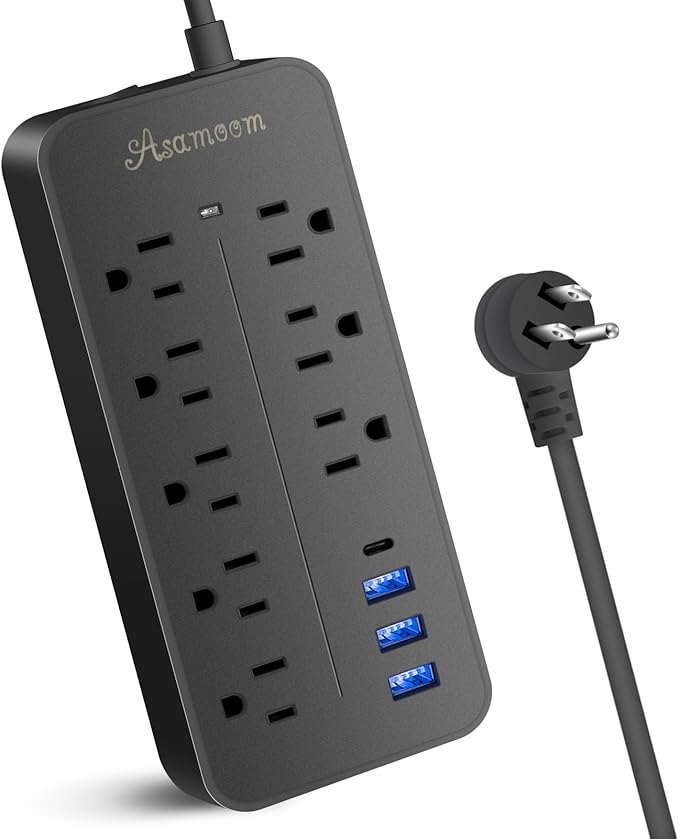 25FT Flat Plug Surge Protector - 8 Outlet & 3 USB Port (A & C) Power Strip Extension Cord, Wall Mountable Desk Power Strip for Home Office - Black - ETL Listed