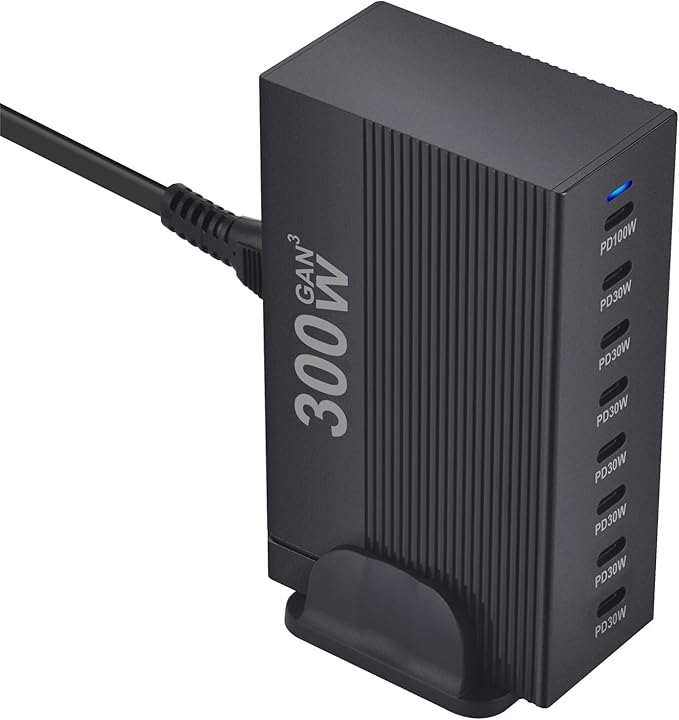 300W 8-Port GaN PD3.1 Desktop Charging Station | Intelligent Power Allocation, Ideal for Office and Home, Safely Charges Laptops, Phones, Tablets, and Watches
