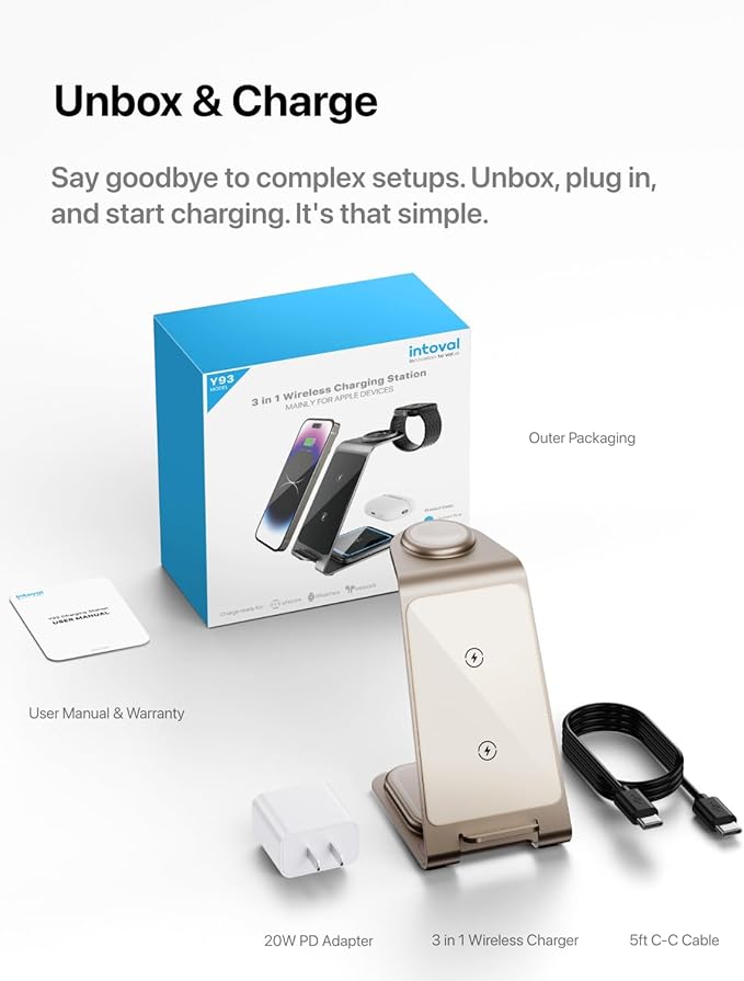 Intoval 3 in 1 Wireless Charging Station for iPhone 17 16 15 14 13 12 11 X Pro Max, Wireless Charger for Apple Watch Ultra 3 SE 9 8 7 6 5 4 3 2, for AirPods 4 Pro Pro 2 3 (Y93, Desert)